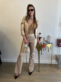 Metallic Open-Front Vegan Leather Blazer
