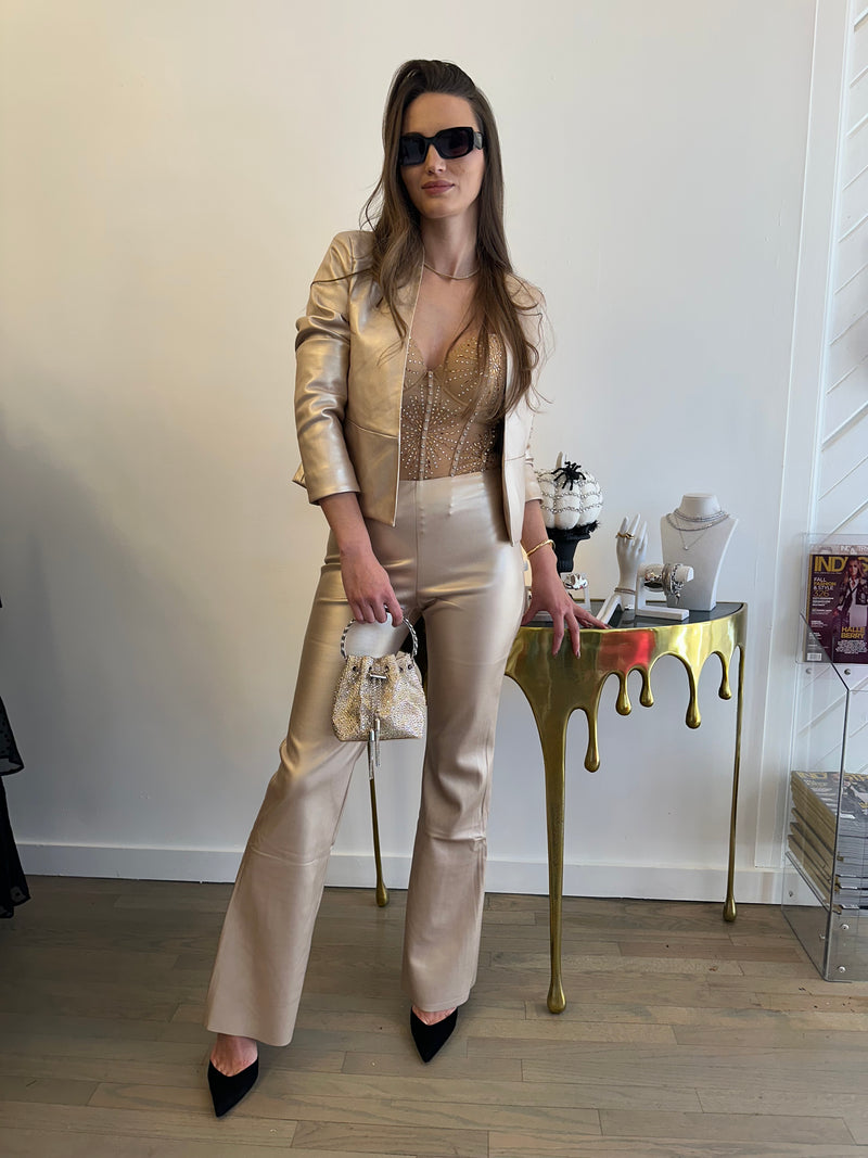 Metallic Open-Front Vegan Leather Blazer