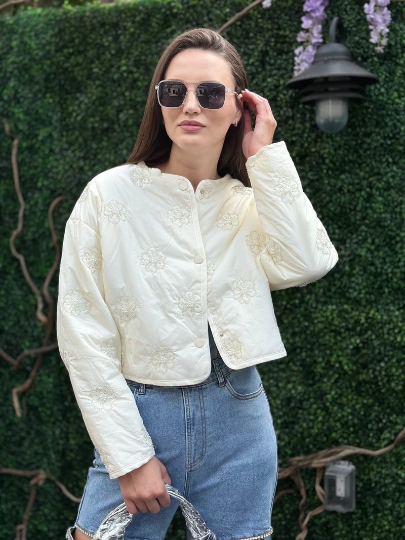 Embroidered daisies with pearl center quilted jacket