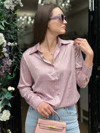 Satin Rhinestone Studded Stripe Blouse Lilac