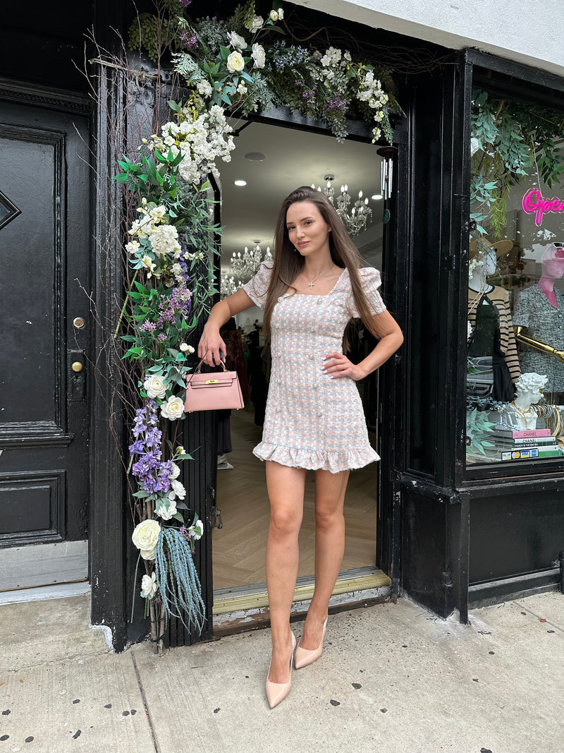 METALLIC BOUCLE SQUARE NECK MINI DRESS