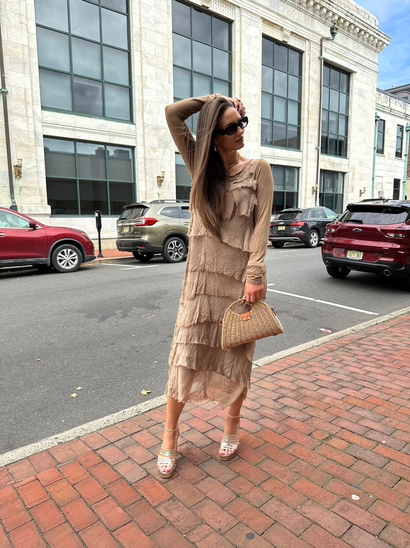 Long Sleeve Solid Ruffle Dress