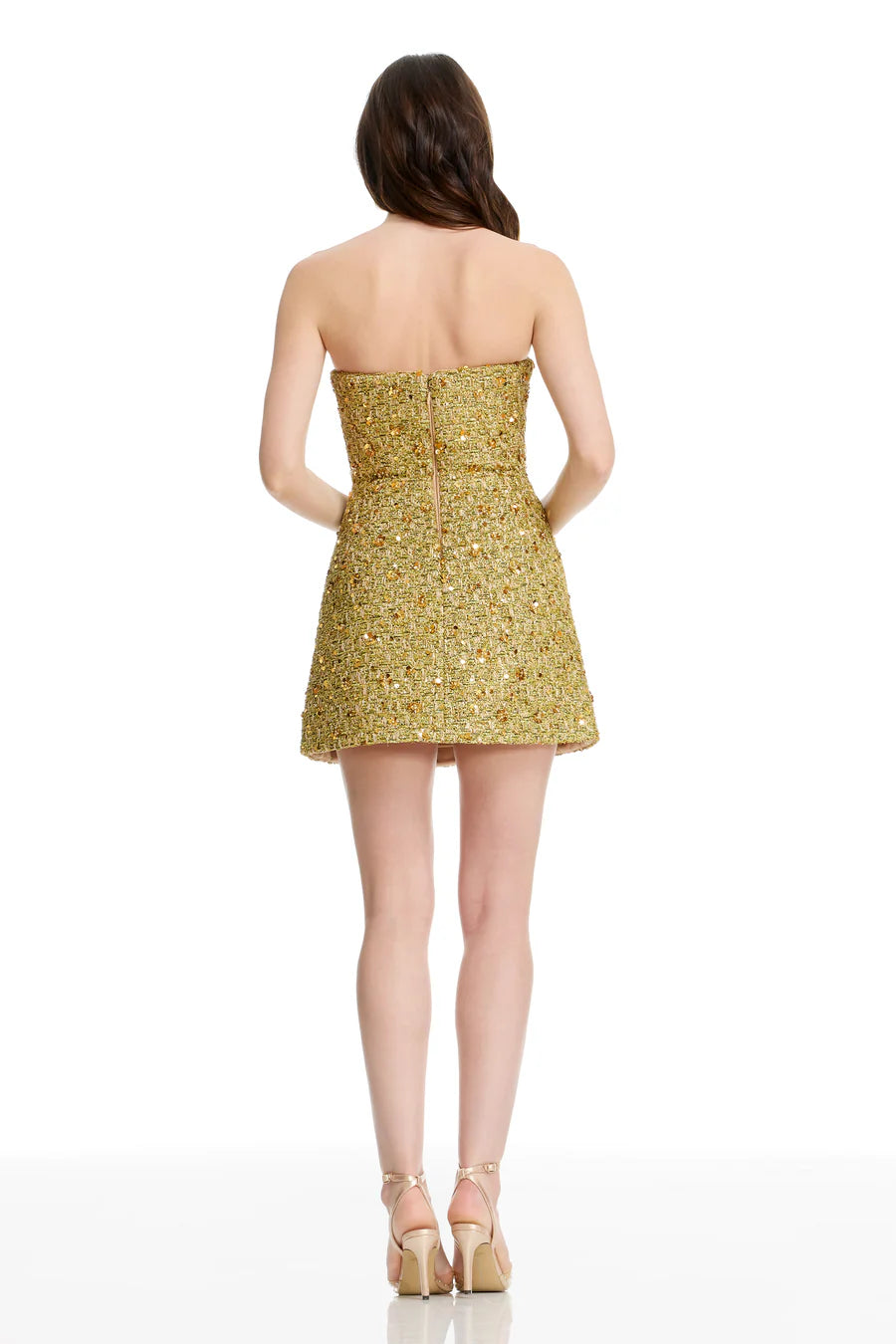 Gold Strapless Embellished Tweed Mini Dress, M Gold Strapless Embellished Tweed Mini Dress, M