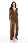 Metallic Gold Wrap Evening Gown with Long Sleeves and High Slit