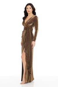 Metallic Gold Wrap Evening Gown with Long Sleeves and High Slit
