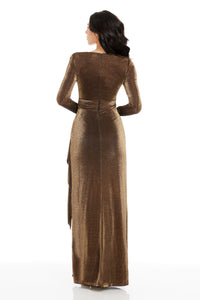 Metallic Gold Wrap Evening Gown with Long Sleeves and High Slit