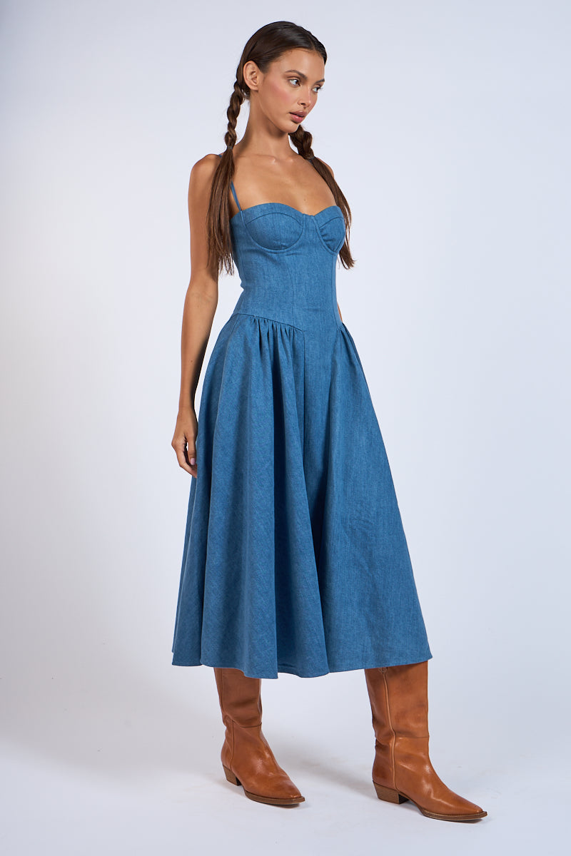 DENIM UNDERWIRE SLEEVELESS FIT AND FLARE MIDI DRESS