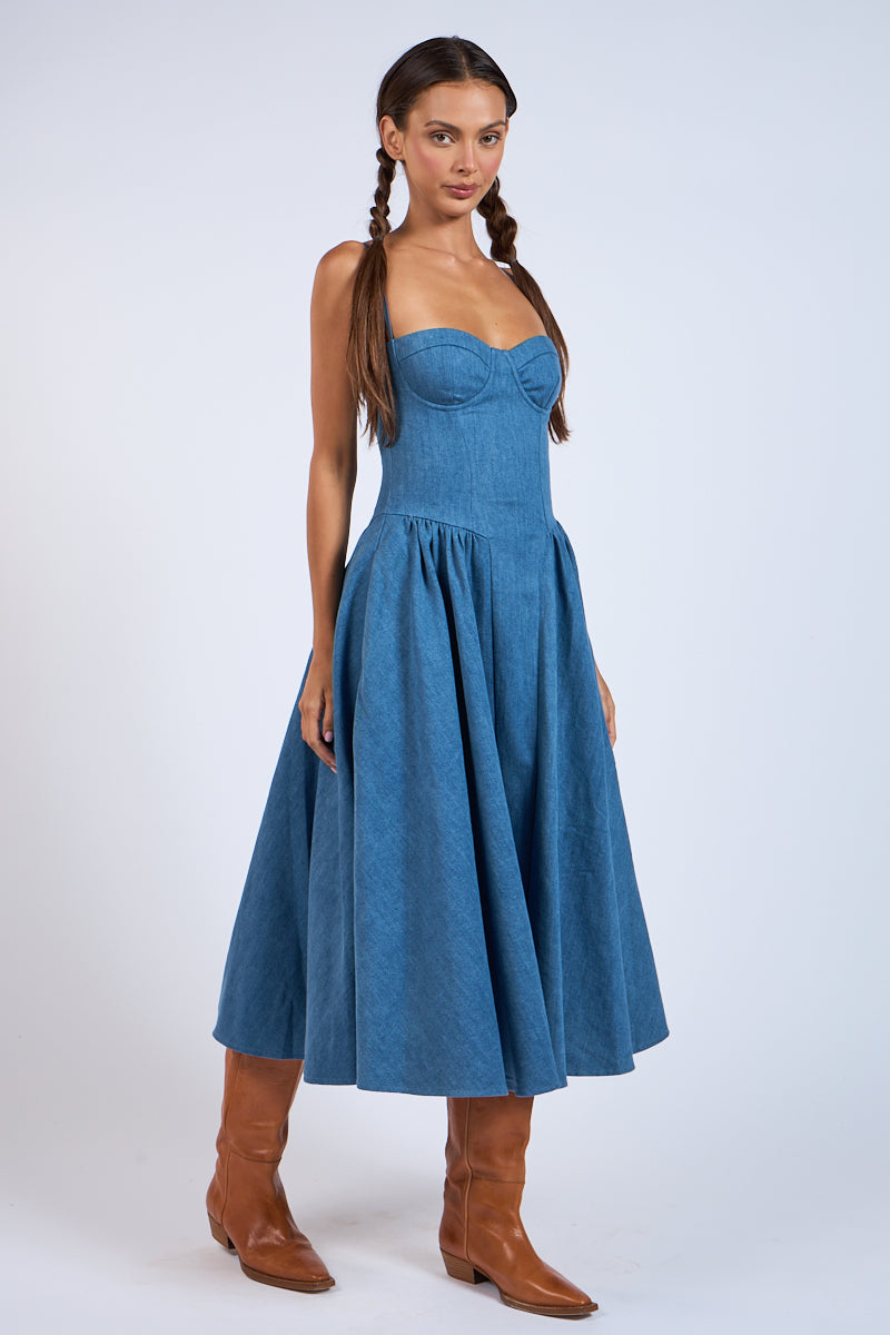 DENIM UNDERWIRE SLEEVELESS FIT AND FLARE MIDI DRESS