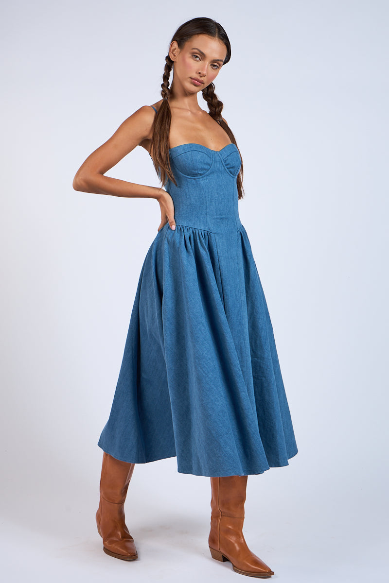 DENIM UNDERWIRE SLEEVELESS FIT AND FLARE MIDI DRESS