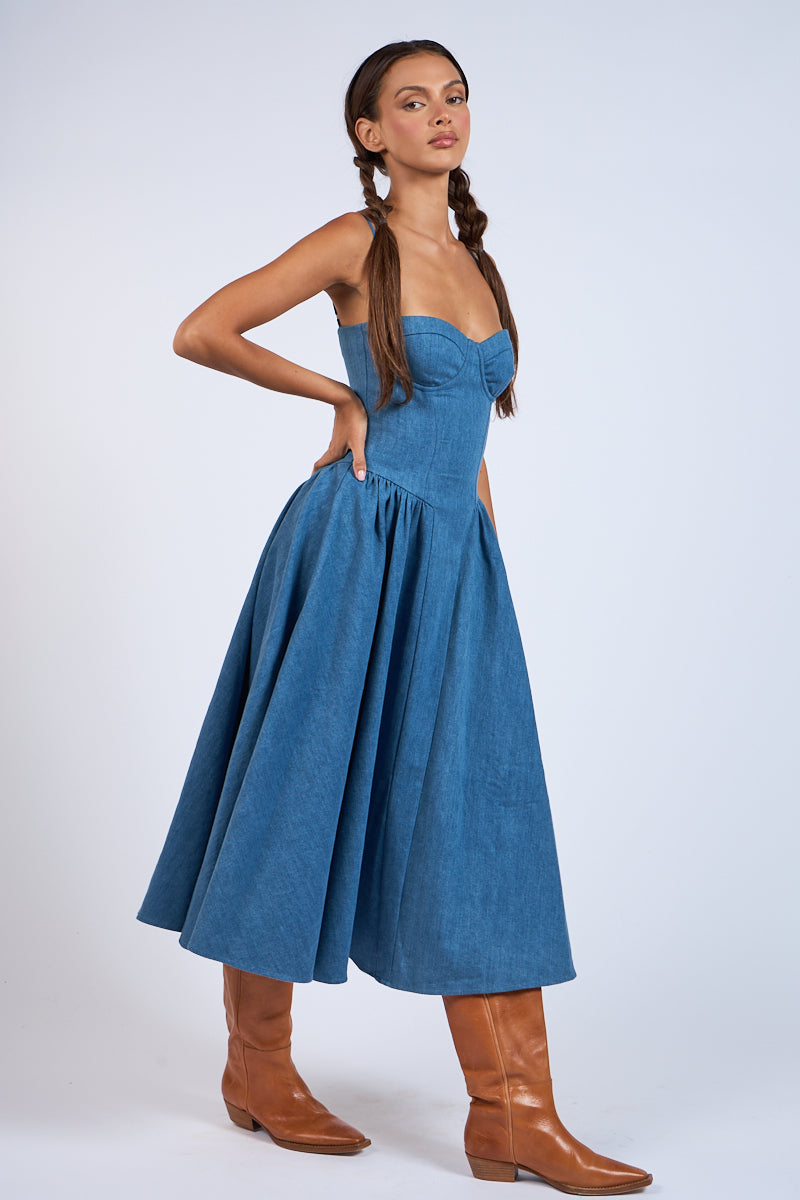 DENIM UNDERWIRE SLEEVELESS FIT AND FLARE MIDI DRESS – Amanda Jean NYC