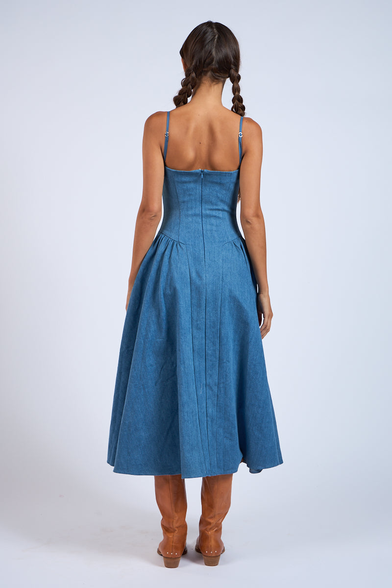 DENIM UNDERWIRE SLEEVELESS FIT AND FLARE MIDI DRESS