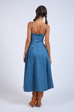 DENIM UNDERWIRE SLEEVELESS FIT AND FLARE MIDI DRESS