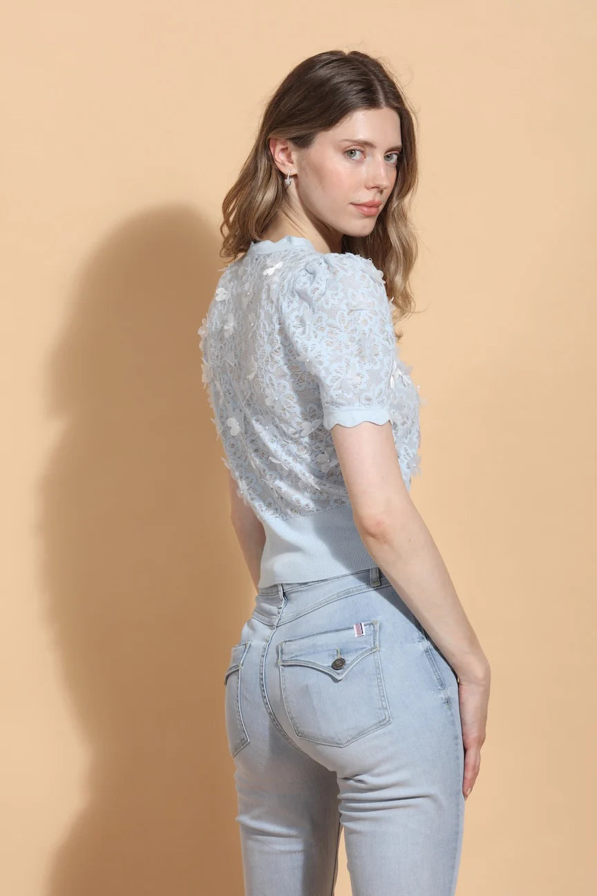 Blue Floral Lace Short Sleeve Button Cardigan