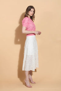 Pink Floral Lace Short Sleeve Button Cardigan