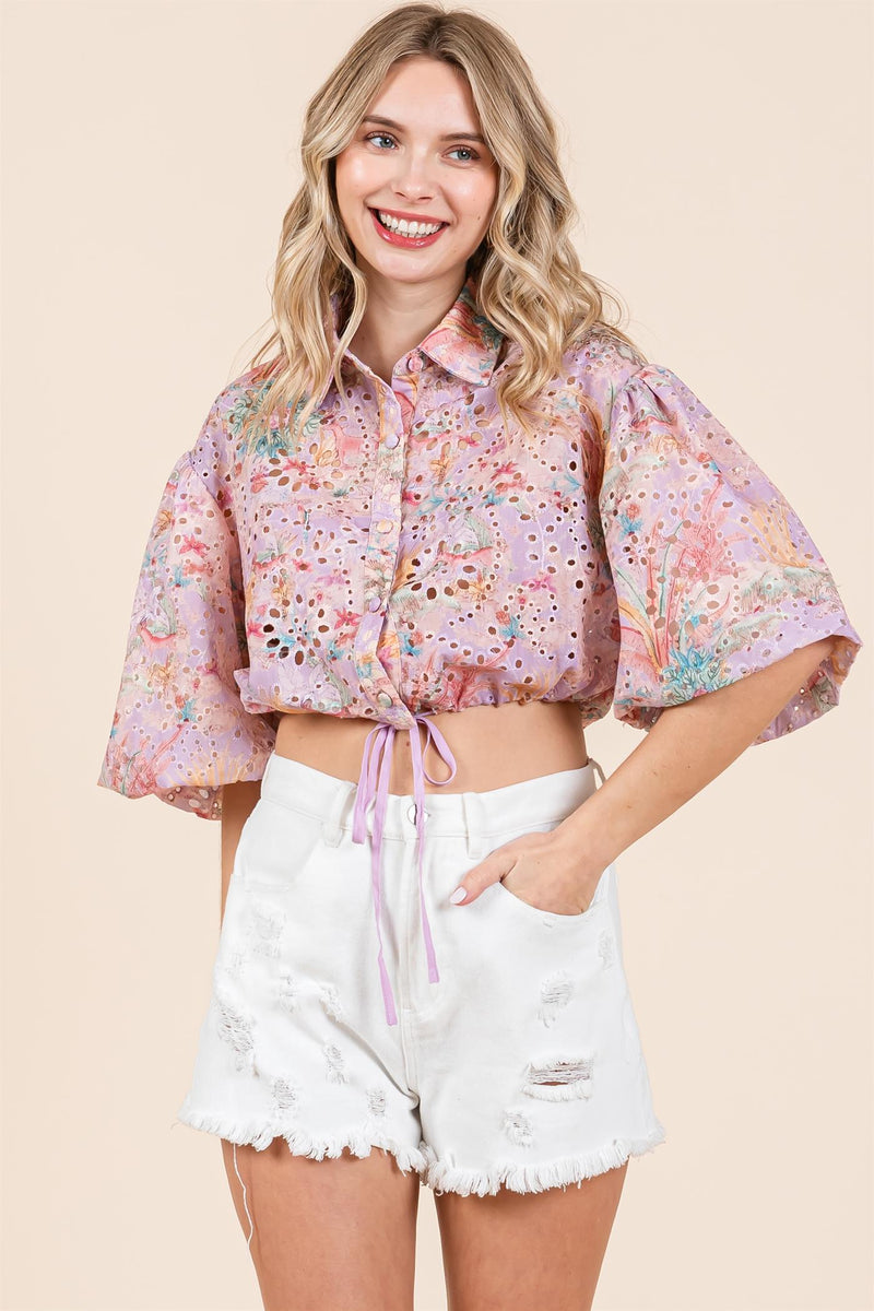Eyelet Button-Up Crop Top