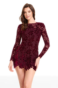 Oxblood Velvet Lace Long Sleeve Mini Dress