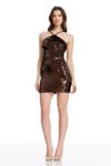 Brown Sequin Halter Mini Dress with Crisscross Straps