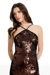 Brown Sequin Halter Mini Dress with Crisscross Straps