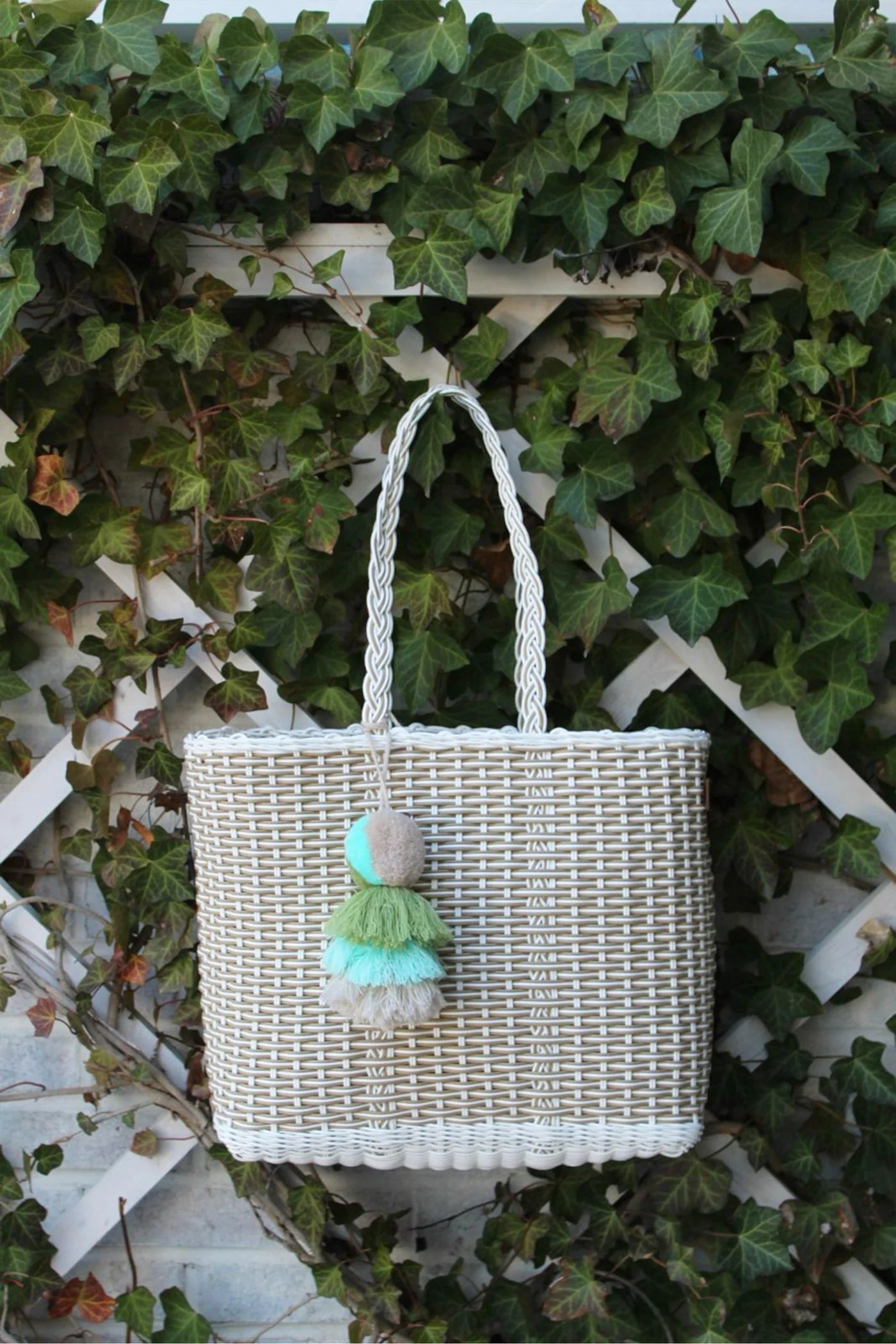 Natural Woven Tote Bag with Braided Handles and Tassel Charm