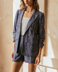 Linen Blend Double-Breasted Blazer in Denim Blue