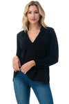 Black Long Sleeve V-Neck Blouse with Tie Neck Detail