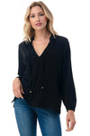 Black Long Sleeve V-Neck Blouse with Tie Neck Detail