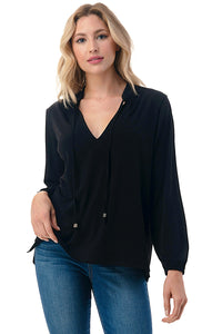 Black Long Sleeve V-Neck Blouse with Tie Neck Detail