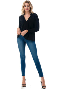 Black Long Sleeve V-Neck Blouse with Tie Neck Detail