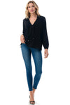 Black Long Sleeve V-Neck Blouse with Tie Neck Detail