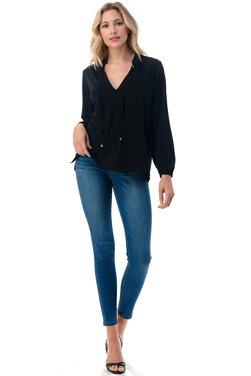 Black Long Sleeve V-Neck Blouse with Tie Neck Detail