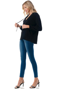 Black Long Sleeve V-Neck Blouse with Tie Neck Detail