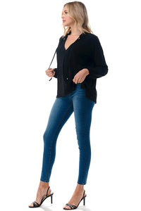Black Long Sleeve V-Neck Blouse with Tie Neck Detail