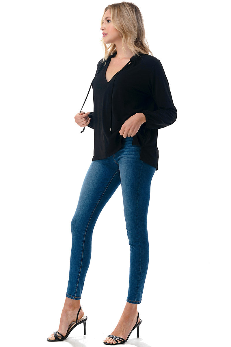 Black Long Sleeve V-Neck Blouse with Tie Neck Detail