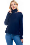 Asymmetrical Cutout Turtleneck Knit Top in Navy