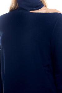 Asymmetrical Cutout Turtleneck Knit Top in Navy