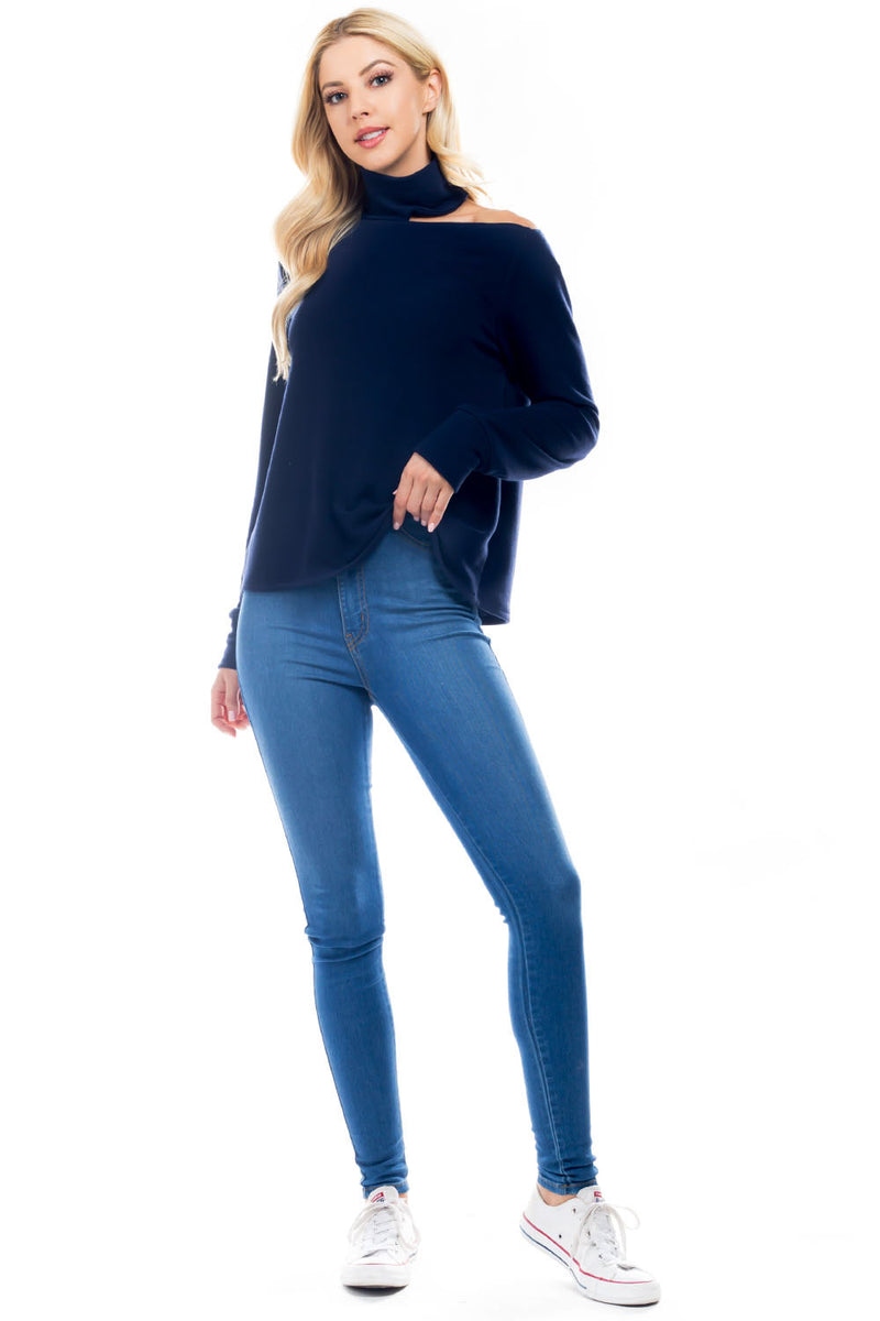 Asymmetrical Cutout Turtleneck Knit Top in Navy