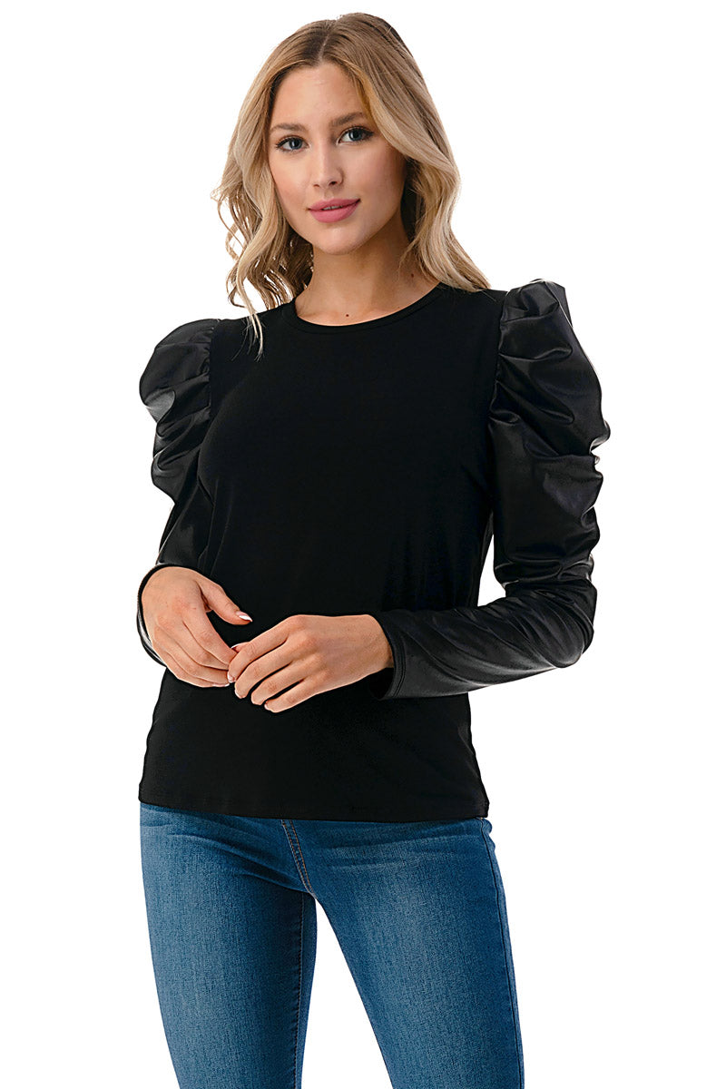 Black Puff Sleeve Leather Contrast Top