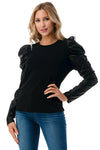 Black Puff Sleeve Leather Contrast Top