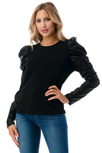 Black Puff Sleeve Leather Contrast Top