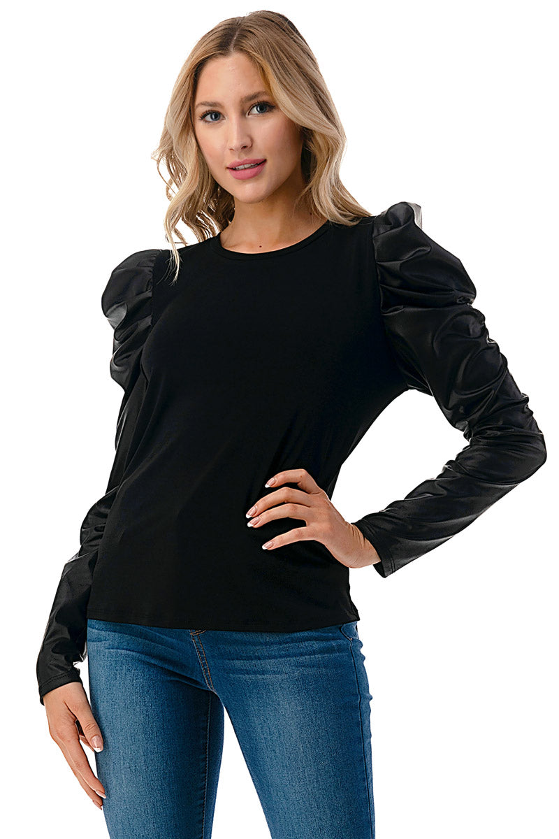 Black Puff Sleeve Leather Contrast Top