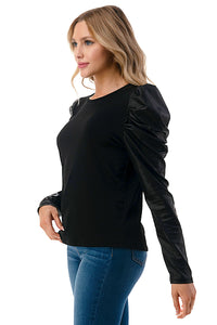 Black Puff Sleeve Leather Contrast Top