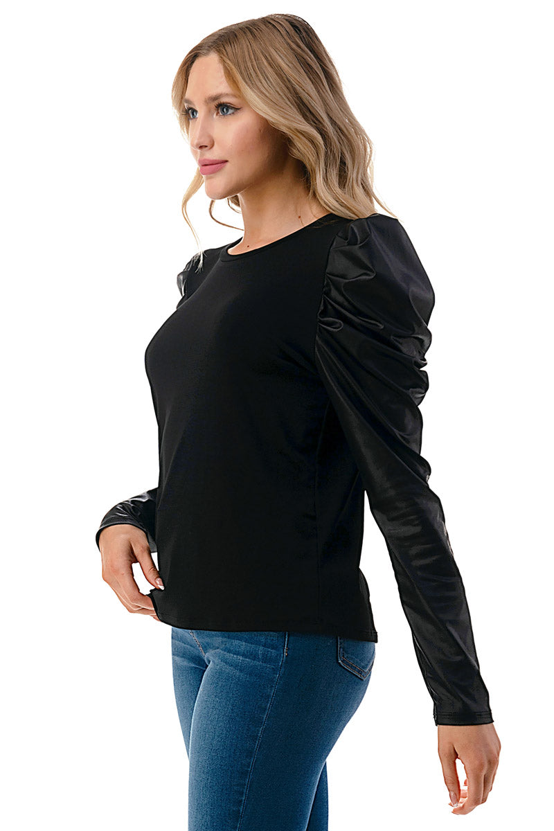 Black Puff Sleeve Leather Contrast Top