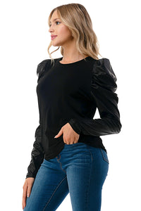 Black Puff Sleeve Leather Contrast Top