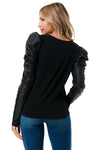 Black Puff Sleeve Leather Contrast Top