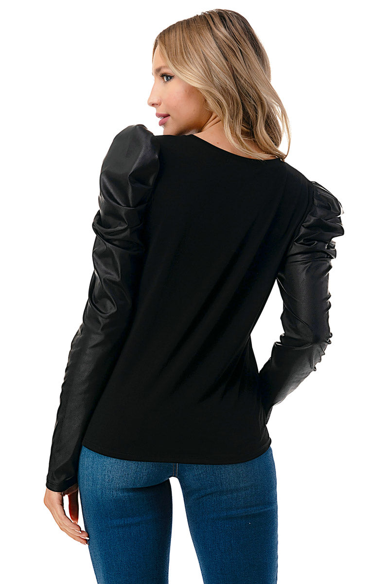 Black Puff Sleeve Leather Contrast Top