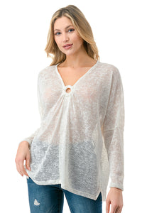 Ivory Sheer Knit Long Sleeve Top with Front Ring Detail