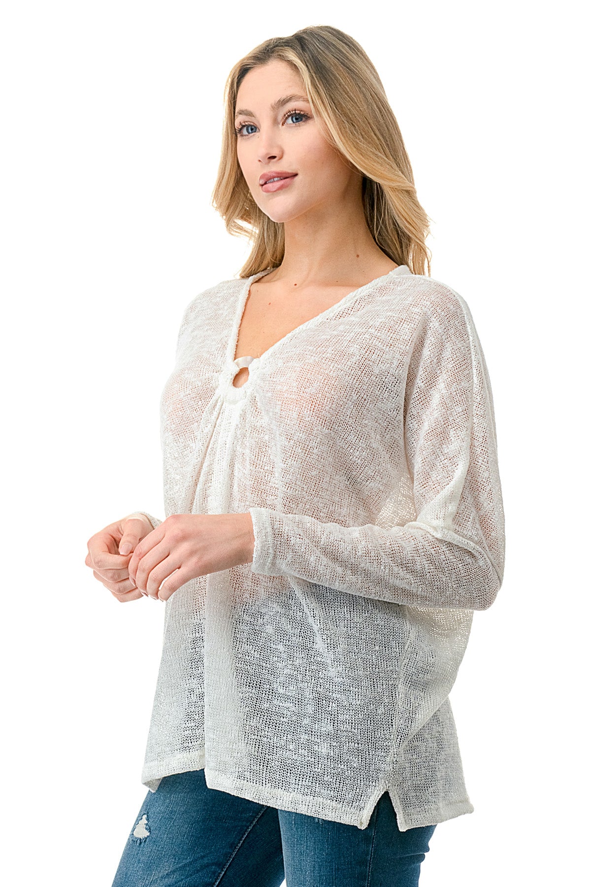 Ivory Sheer Knit Long Sleeve Top with Front Ring Detail – Amanda