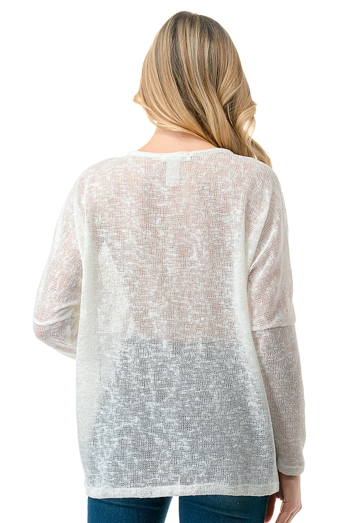 Ivory Sheer Knit Long Sleeve Top with Front Ring Detail