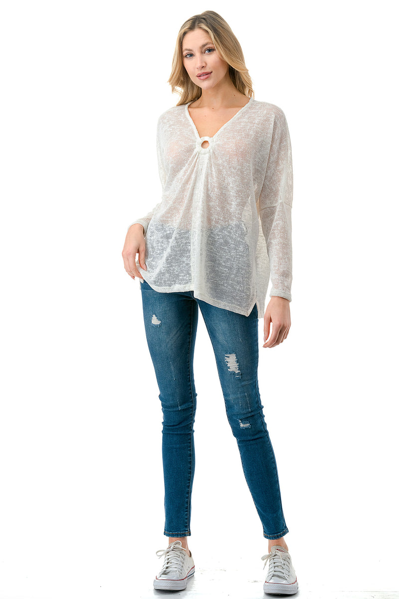 Ivory Sheer Knit Long Sleeve Top with Front Ring Detail