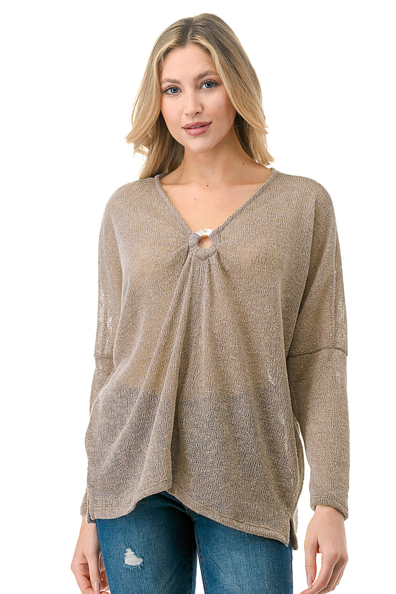 Nude Sheer Knit Long Sleeve Top with Front Ring Detail